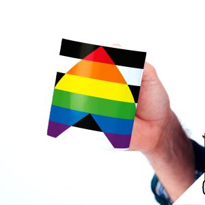 Une personne vêtue d'une chemise à carreaux tient un autocollant représentant le drapeau Progress Pride en forme de flèche, célébrant la fierté LGBTQIA+. Dans le coin, un logo coloré "Break the Closet" avec une licorne est visible.