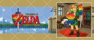Une parodie de The Legend of Zelda : A Link to the Past. À gauche, le logo du jeu indique A Link to the Pride avec un arc-en-ciel. À droite, Link l'homosexuel tient une tunique arc-en-ciel avec la Triforce dans un placard.