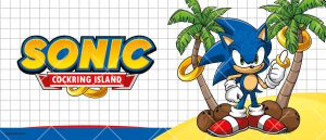 Sonic le hérisson est debout entre deux palmiers, tenant un anneau d'or, avec des noix de coco à ses pieds. Le texte jaune en gras indique SONIC, avec l'expression queer COCKRING ISLAND en dessous, sur une bannière rouge sur un fond blanc quadrillé.