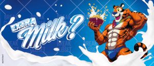 Un tigre anthropomorphe musclé, vêtu d'un short bleu, tient avec excitation un bol de céréales d'où s'écoule du lait. Le texte en gros à gauche indique EXTRA Milk ? sur un fond bleu, célébrant une énergie amusante et queer avec des éclaboussures de lait tout autour.